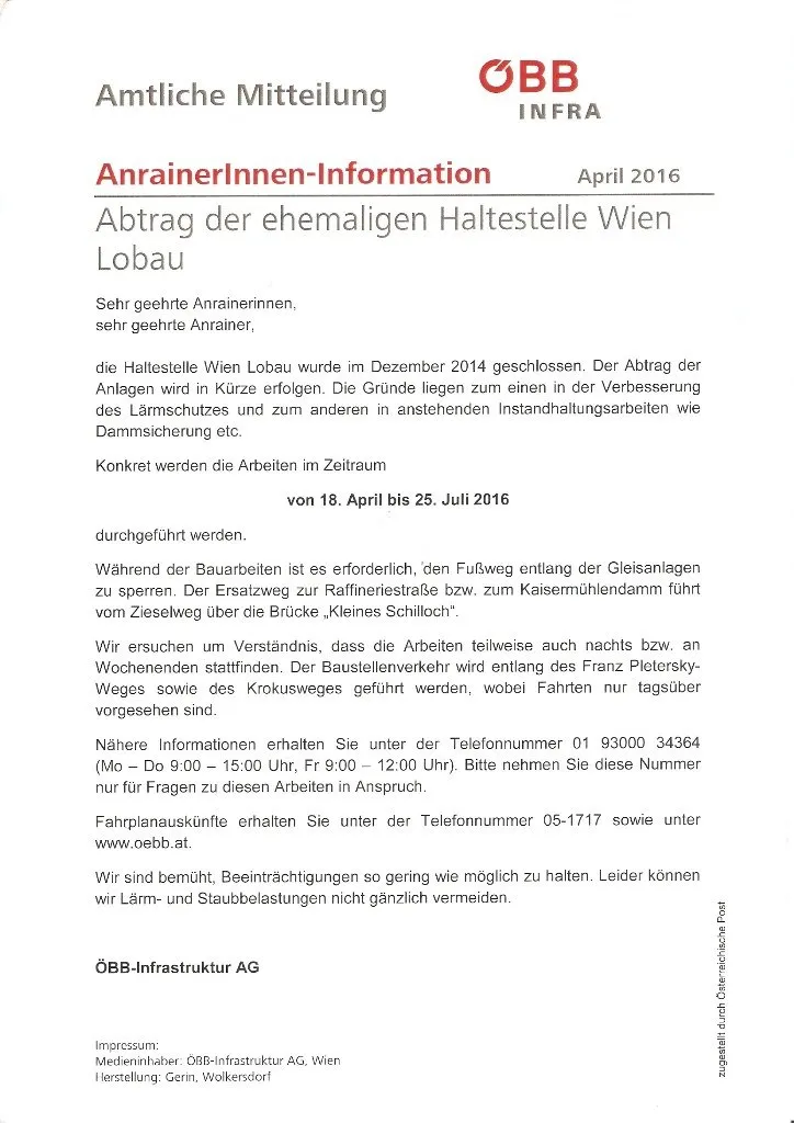 Amtliche Mitteilung der ÖBB zum Abriss