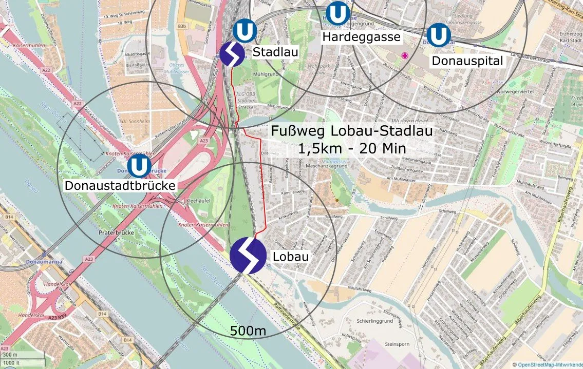 Übersichtskarte der Umgebung der Station Lobau